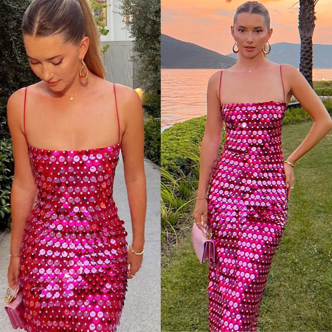 Vestido Midi Paetê Moedas Pink