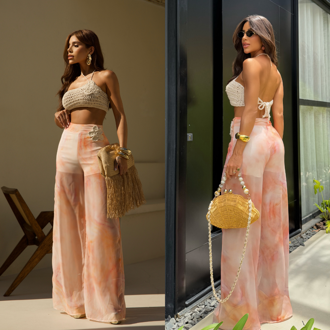 Conjunto Top Crochê e Calça Pantalona Flor - Sale