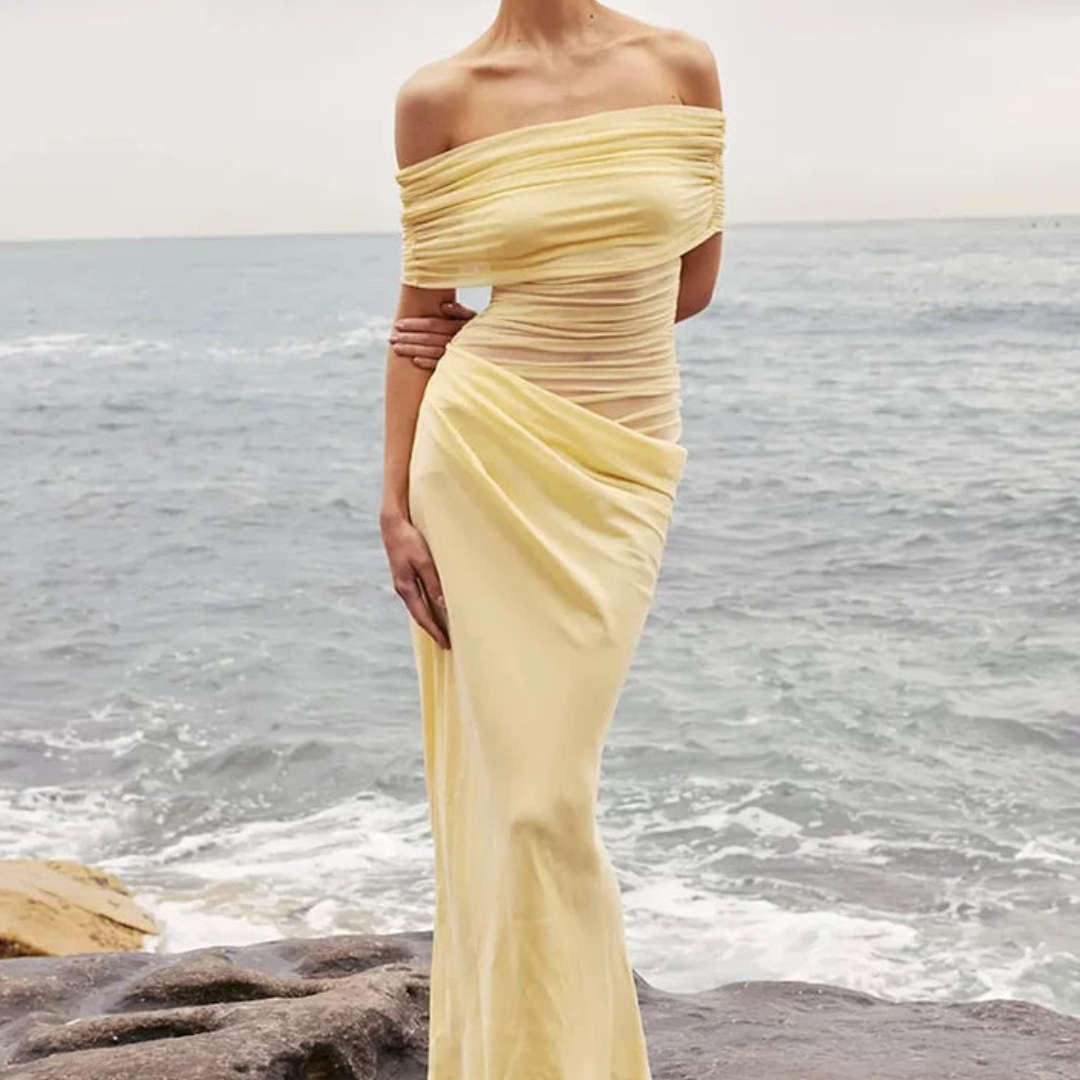 Vestido Tule Drapeado Longo Ombro a Ombro