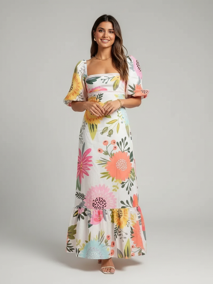Vestido Longo Estampado Com Mangas - Primeira Verão l CAROL ESPAÇO FASHION