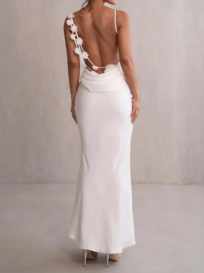 Vestido Fleur Longo com Costas Florais e Caimento Acetinado