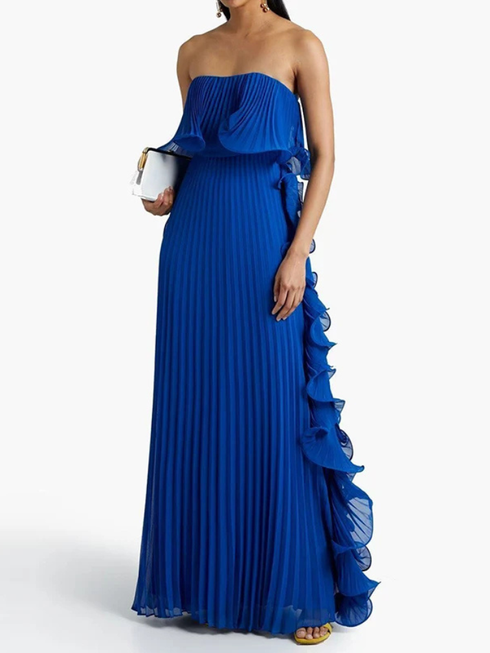 Vestido Festa Longo Plissado Azul