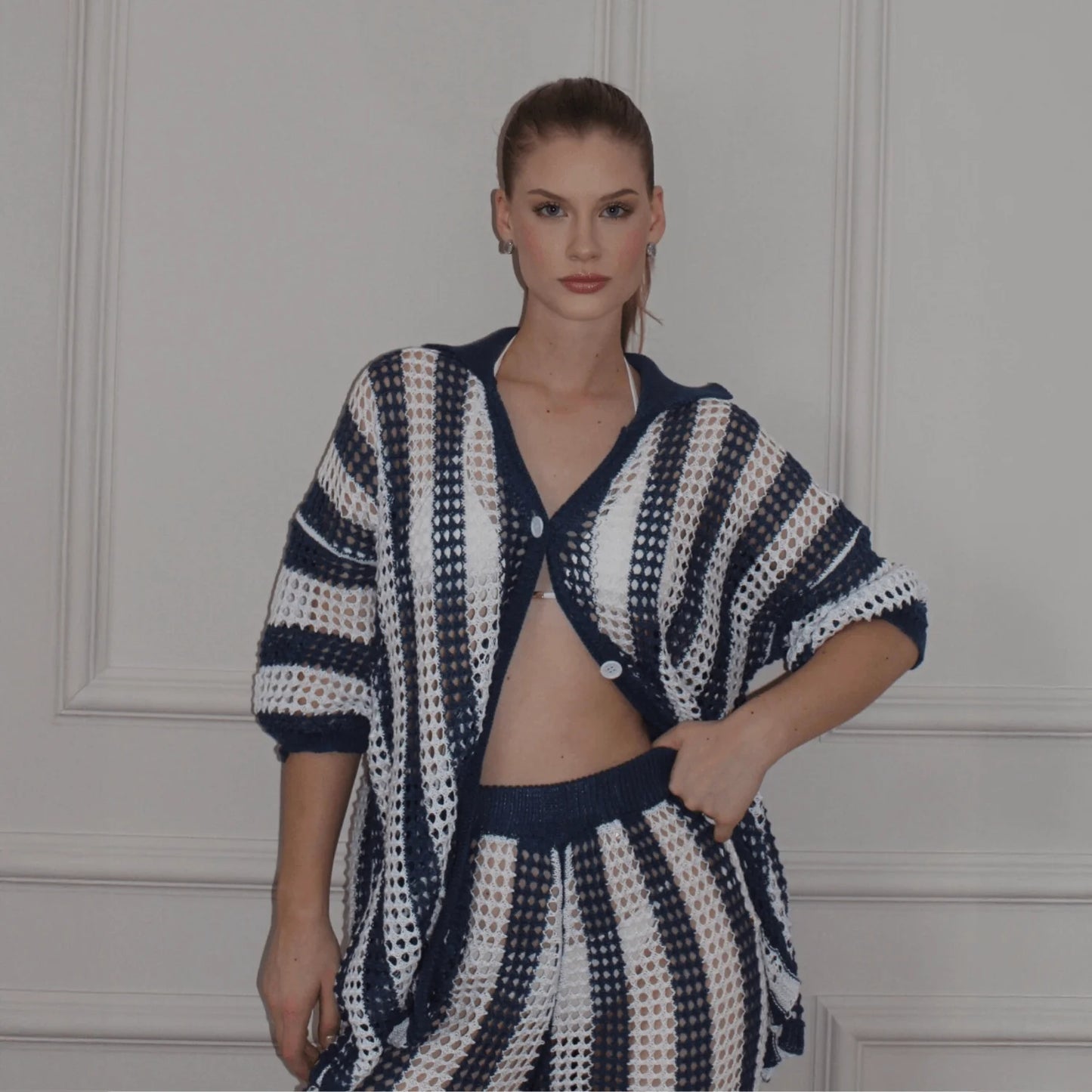 Conjunto Tricô Listrado Camisa e Calça