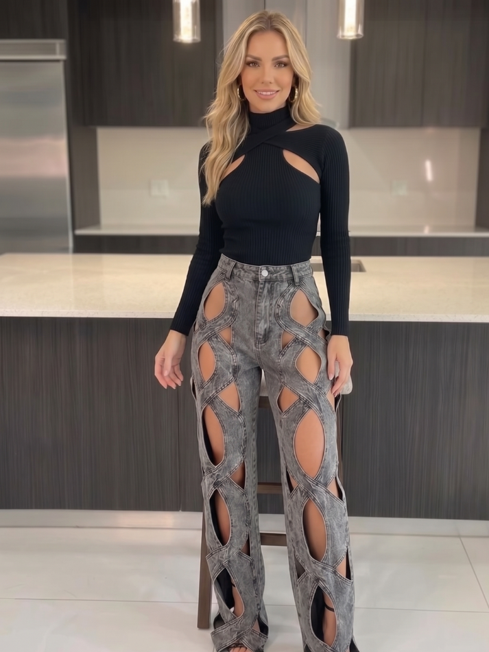 Calça Jeans Recortes Vazados Cinza - Moda Festa l CAROL ESPAÇO FASHION