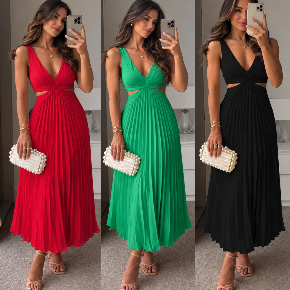 Vestido Midi Plissé - Moda Festa l CAROL ESPAÇO FASHION