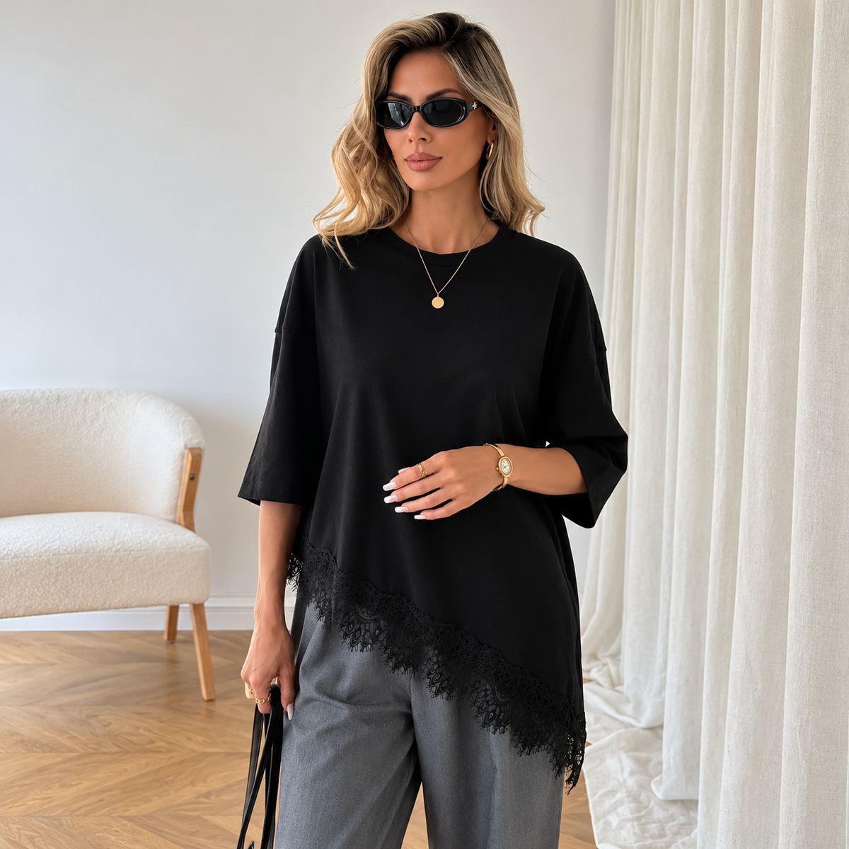 Blusa Feminina Oversized com Renda Assimétrica - Casual Chic l CAROL ESPAÇO FASHION