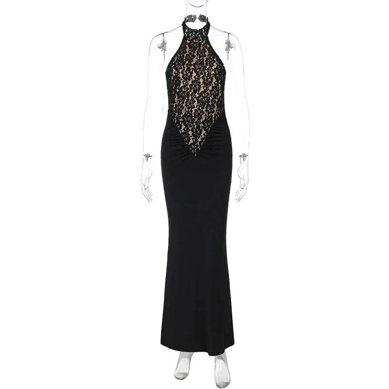 Vestido Longo Renda Halter Preto