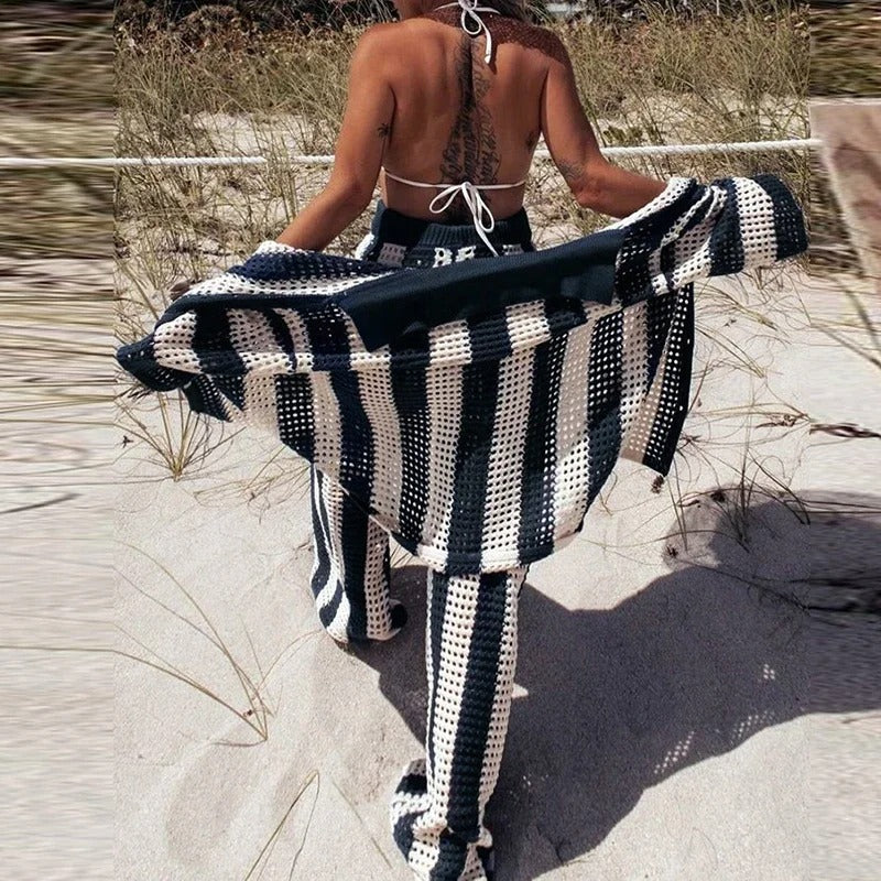 Conjunto Tricô Listrado Camisa e Calça