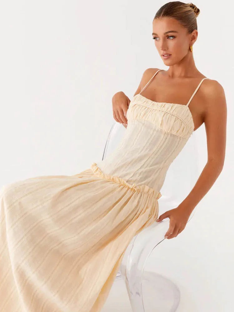 Vestido Longo Franzido e Fluido com Alças Finas - Moda Festa l CAROL ESPAÇO FASHION