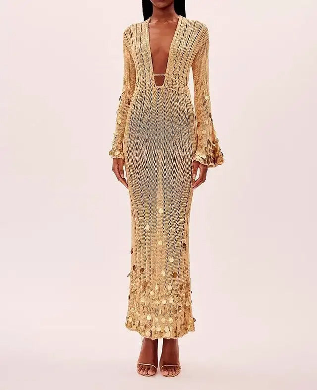 Saída Vestido Longo Glamour Dourado com Paetês - Moda Praia l CAROL ESPAÇO FASHION