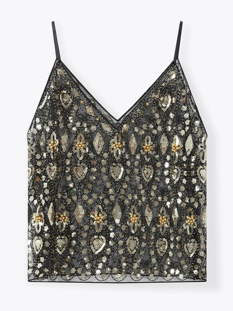 Cropped Transparente com Bordado de Paetês e Alças Finas