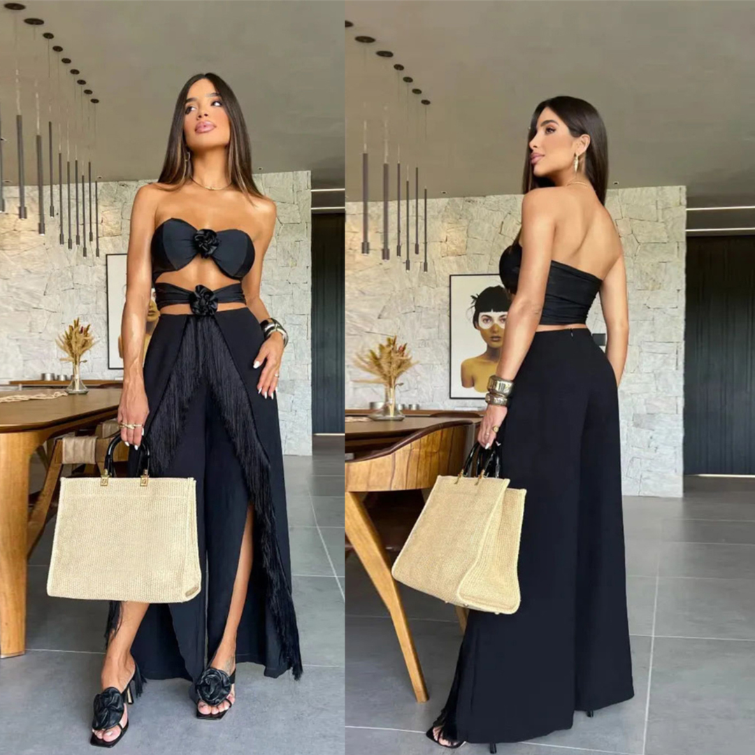 Conjunto Cropped Flores 3D e Calça Franja Preto