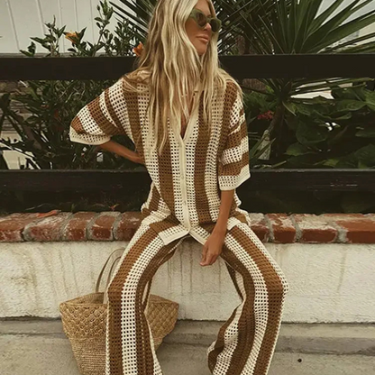 Conjunto Tricô Listrado Camisa e Calça