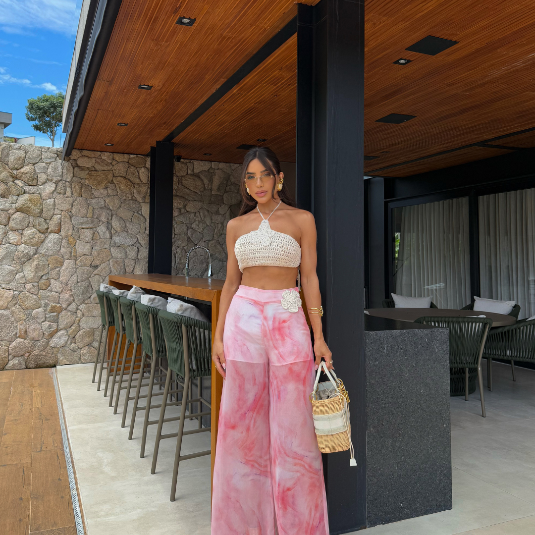 Conjunto Top Crochê e Calça Pantalona Flor - Sale