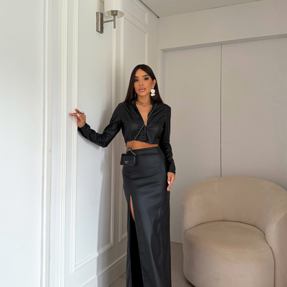 Conjunto Feminino Couro Saia e Jaqueta Cropped Malbec - Sale