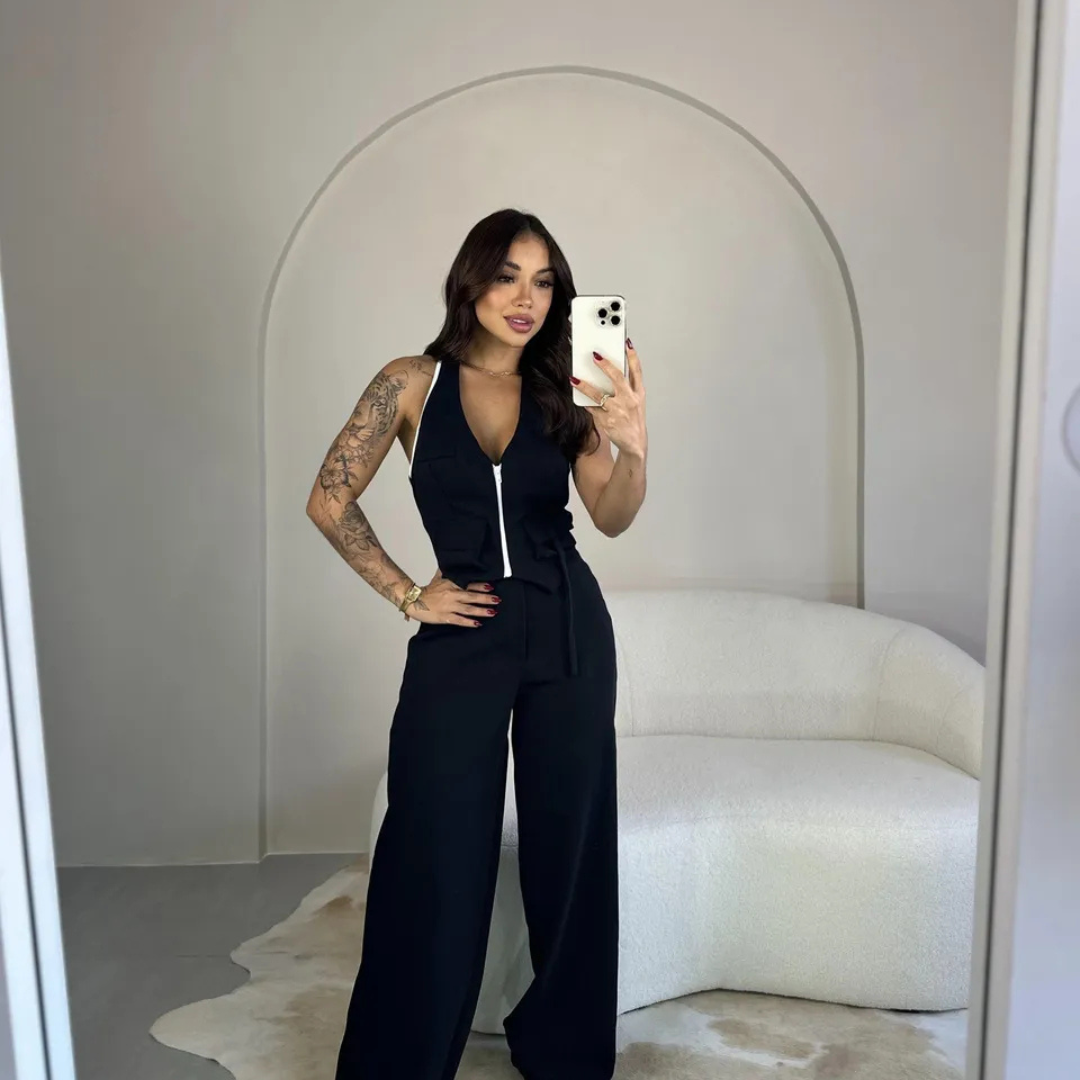 Conjunto Feminino Viana Cropped com Zíper e Calça Pantalona - Sale