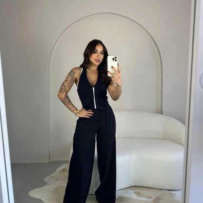 Conjunto Feminino Viana Cropped com Zíper e Calça Pantalona - Sale