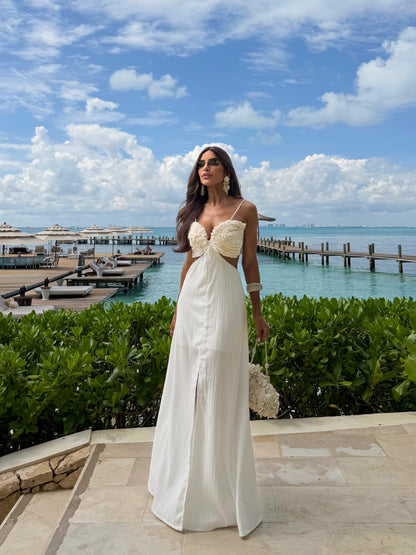 Vestido Amélia Longo Fluido com Busto Esculpido e Franja