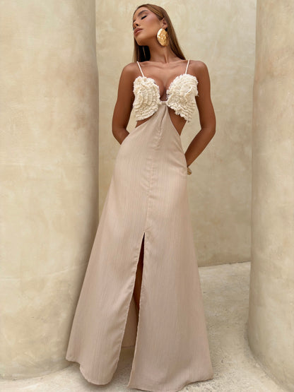 Vestido Amélia Longo Fluido com Busto Esculpido e Franja