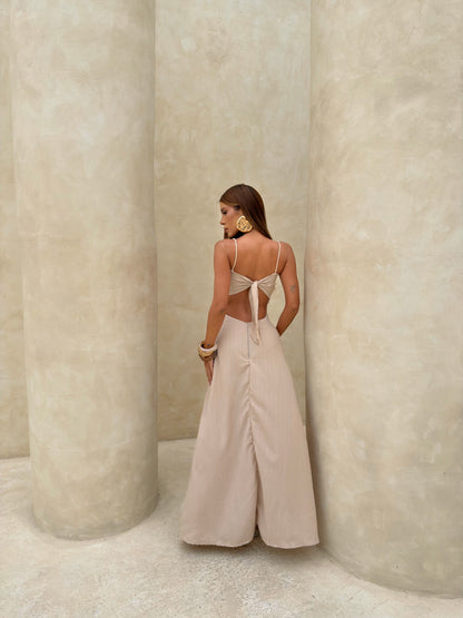 Vestido Amélia Longo Fluido com Busto Esculpido e Franja