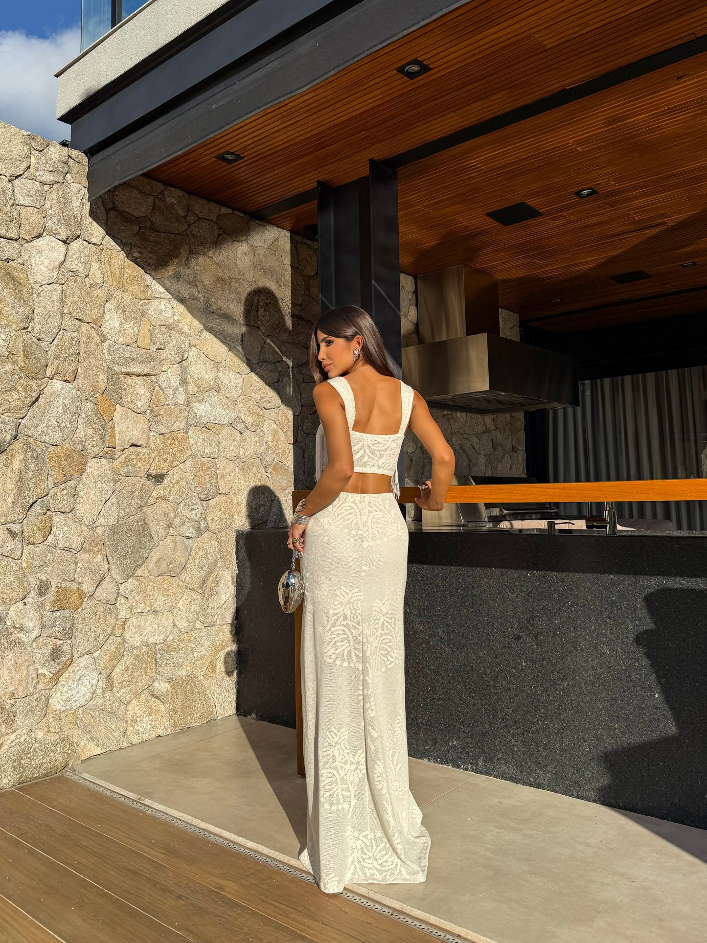 Conjunto Mirage  Cropped de Franjas e Saia Longa em Floral com Fenda