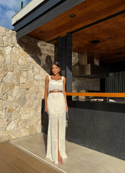 Conjunto Mirage  Cropped de Franjas e Saia Longa em Floral com Fenda