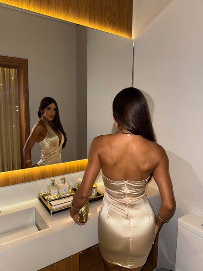 Vestido Scarlett Curto Dourado com Decote Profundo