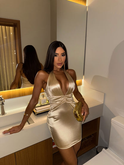 Vestido Scarlett Curto Dourado com Decote Profundo