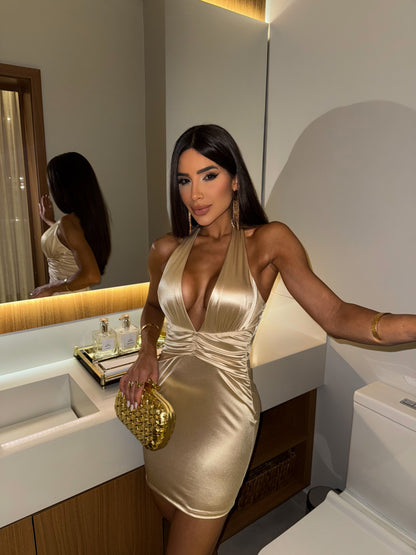 Vestido Scarlett Curto Dourado com Decote Profundo