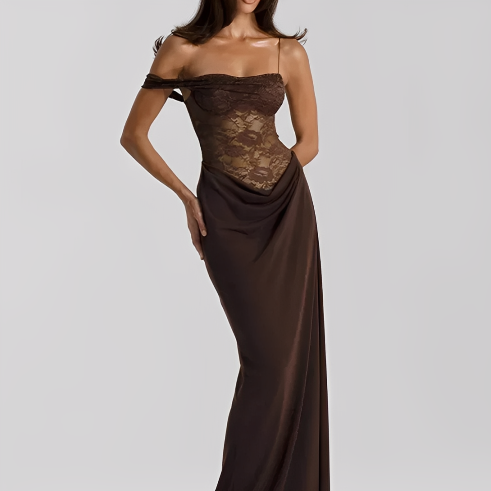 Vestido Longo Marrom Drapeado com Renda