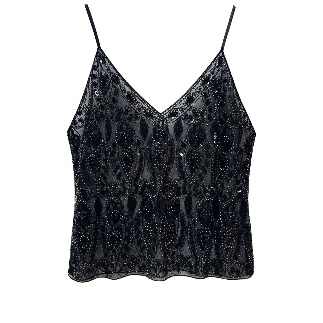 Cropped Transparente com Bordado de Paetês e Alças Finas