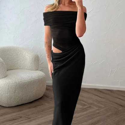 Vestido Tule Drapeado Longo Ombro a Ombro