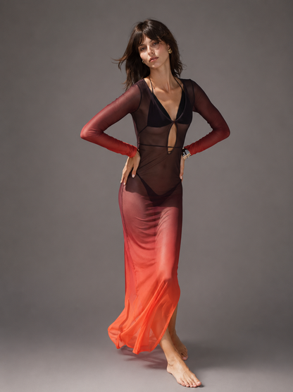 Saída de Praia Longa em Tule Degradê "Sunset Glow" - Moda Praia l CAROL ESPAÇO FASHION