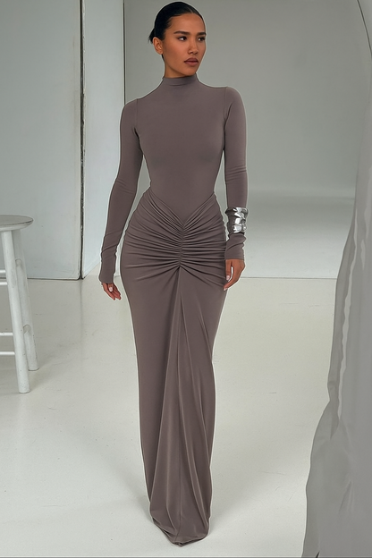 Vestido Longo Franzido com Manga Longa