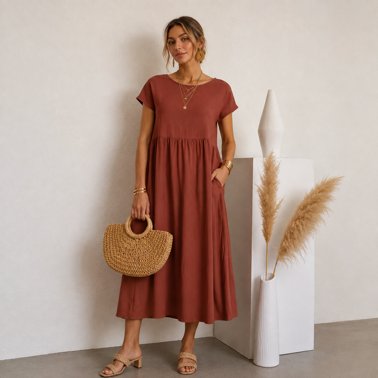 Vestido Midi Earthy Breeze com Bolsos- Basico l CAROL ESPAÇO FASHION