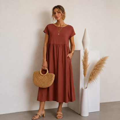 Vestido Midi Earthy Breeze com Bolsos- Basico l CAROL ESPAÇO FASHION