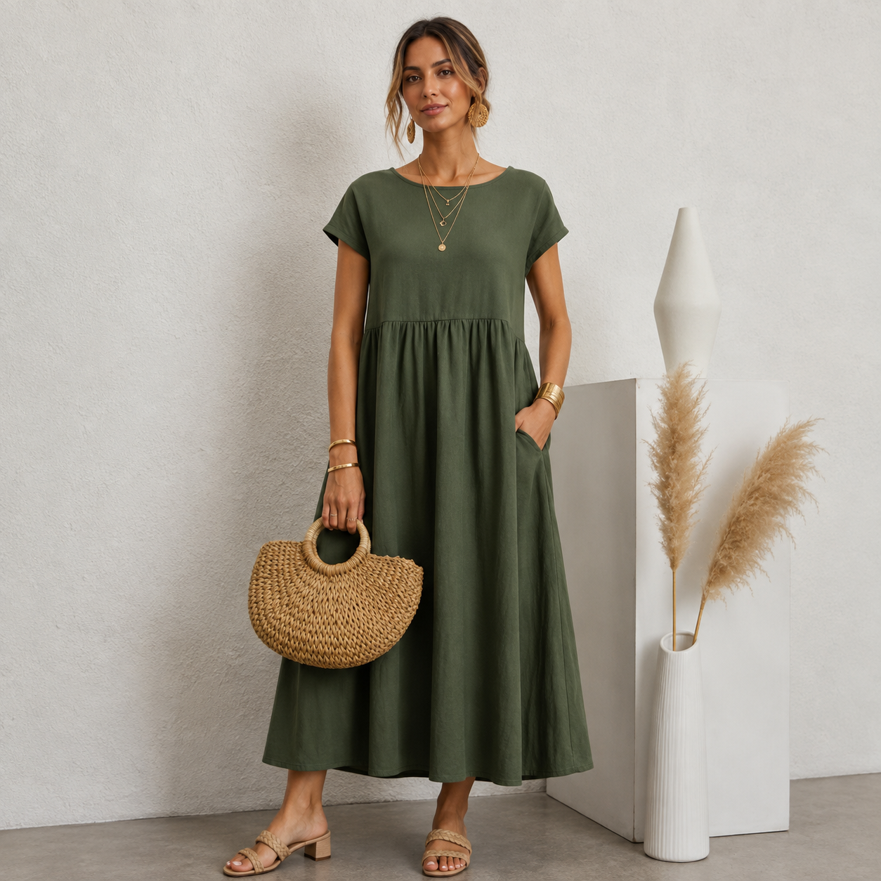 Vestido Midi Earthy Breeze com Bolsos- Basico l CAROL ESPAÇO FASHION