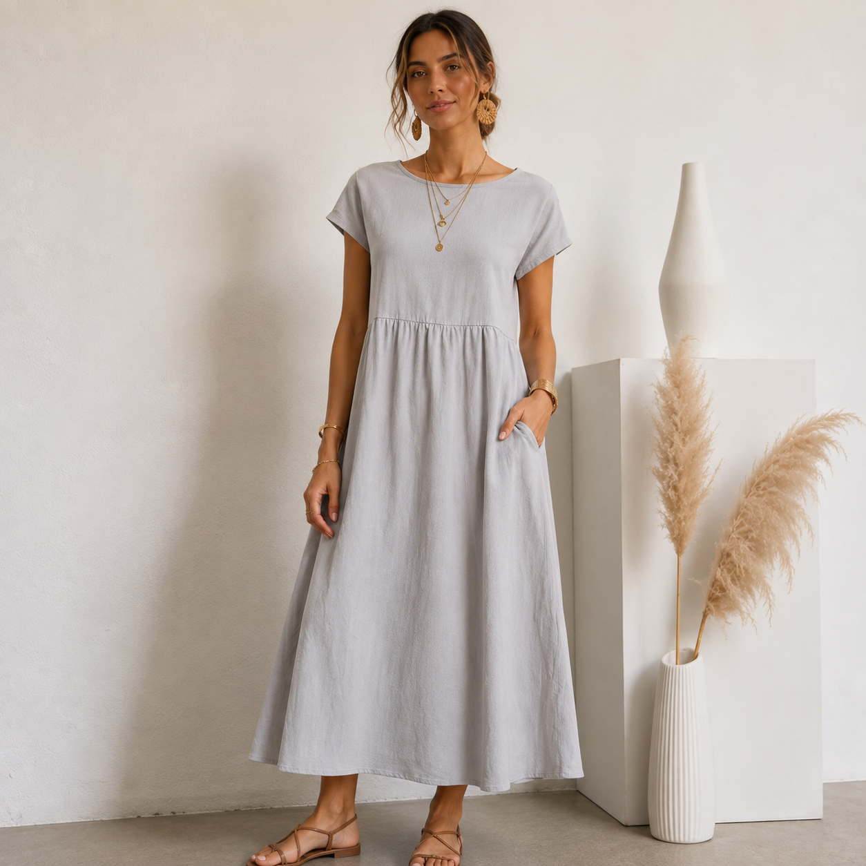 Vestido Midi Earthy Breeze com Bolsos- Basico l CAROL ESPAÇO FASHION