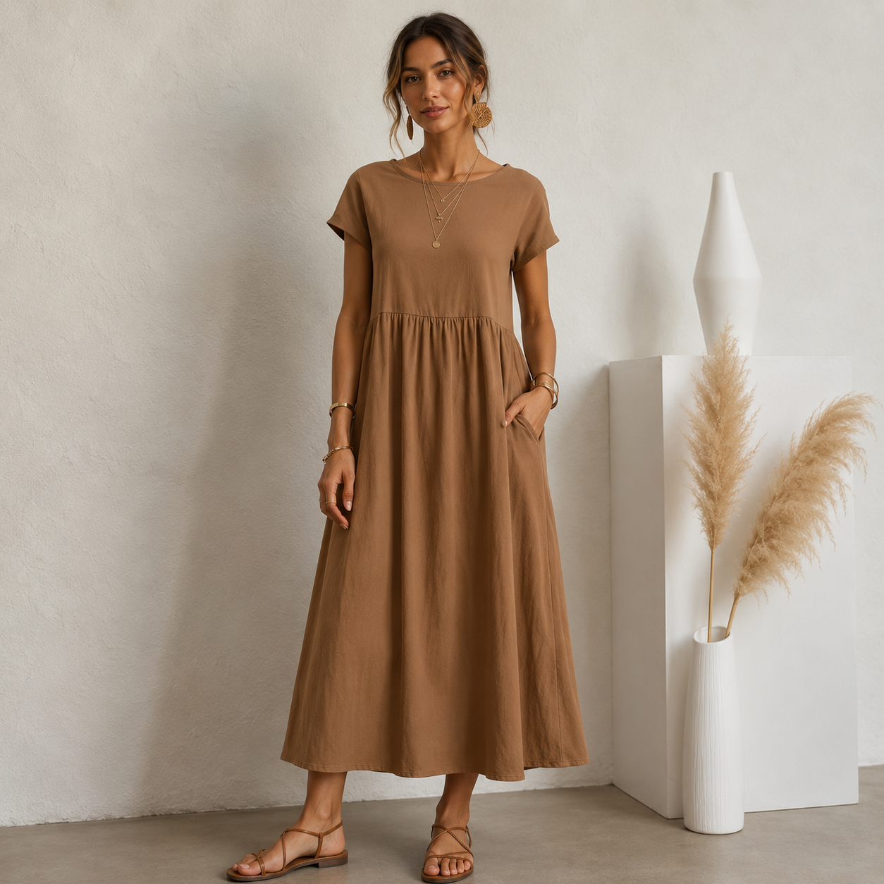 Vestido Midi Earthy Breeze com Bolsos- Basico l CAROL ESPAÇO FASHION