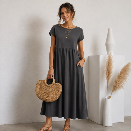 Vestido Midi Earthy Breeze com Bolsos- Basico l CAROL ESPAÇO FASHION