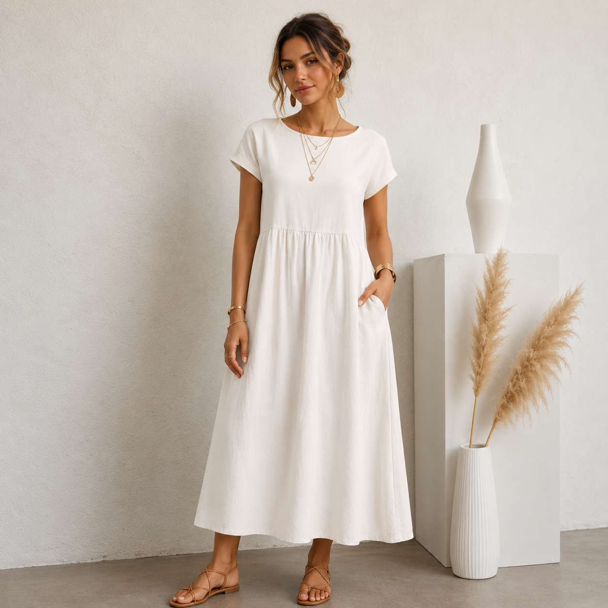 Vestido Midi Earthy Breeze com Bolsos- Basico l CAROL ESPAÇO FASHION