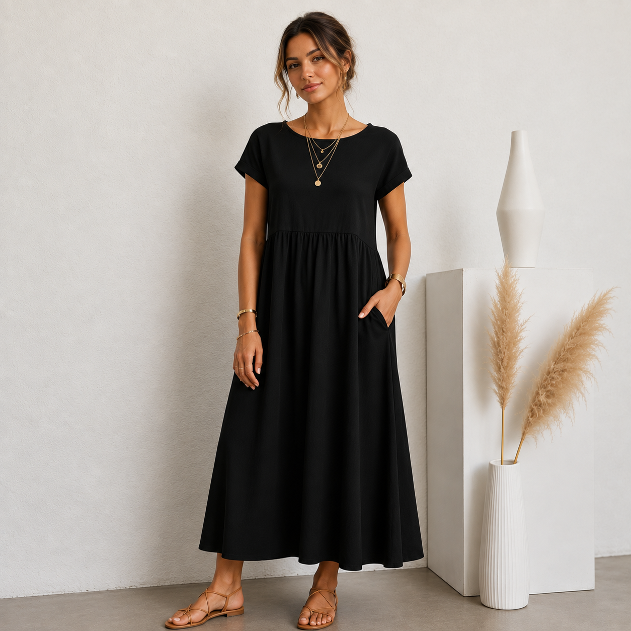 Vestido Midi Earthy Breeze com Bolsos- Basico l CAROL ESPAÇO FASHION