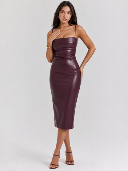 Vestido Midi Couro Fake com Alças Finas - Moda Festa l  CAROL ESPAÇO FASHION