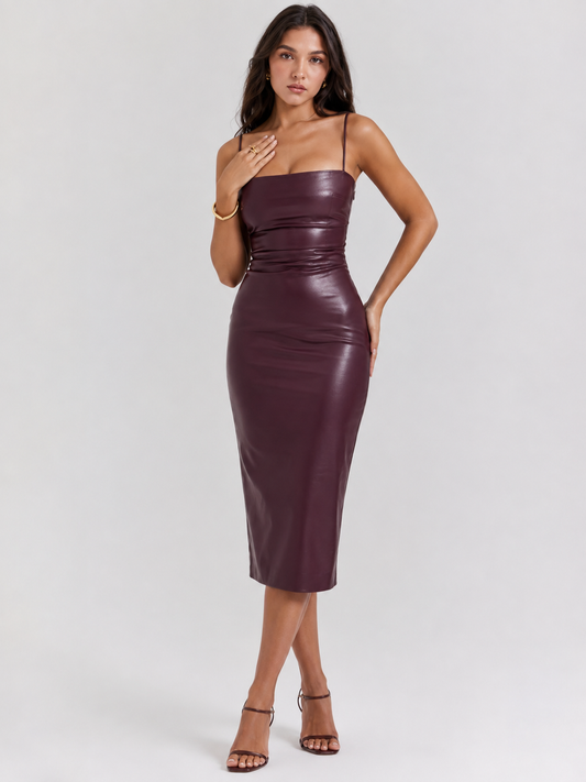 Vestido Midi Couro Fake com Alças Finas - Moda Festa l  CAROL ESPAÇO FASHION