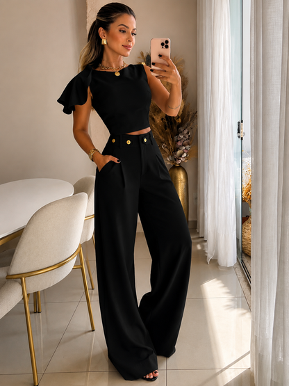 Conjunto Feminino Pantalona Social Pétala Ombro Só - Sale l CAROL ESPAÇO FASHION