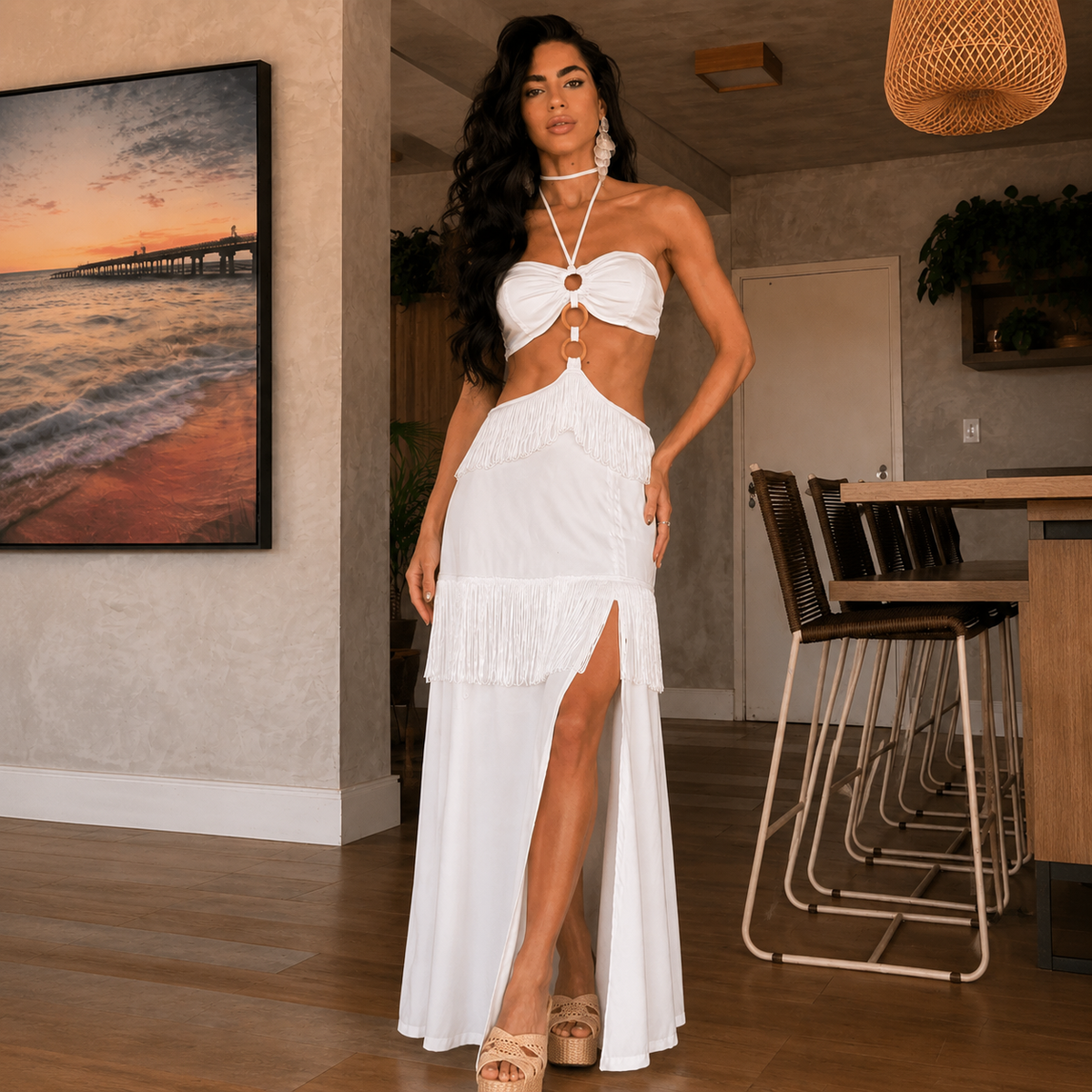 vestido , vestidodrapiado , vestidolongofranjas , vestidolongoreveillon ,vestidoboholongobranco