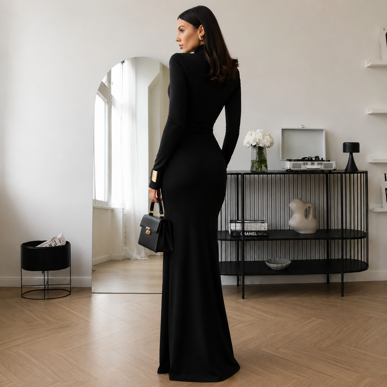 Vestido Longo  Drapeado com Fenda Preto - Moda Festa l CAROL ESPAÇO FASHION