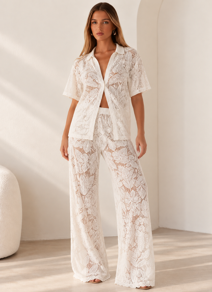 Conjunto Rendado Praia com Camisa e Calça Pantalona - Moda Resort l CAROL ESPAÇO FASHION