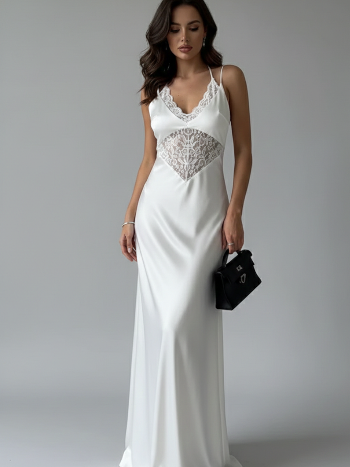 Vestido Longo de Cetim com Renda Alças Finas