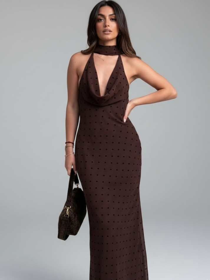 Vestido Longo Poá Choco Elegance - Primavera Verão l CAROL ESPAÇO FASHION